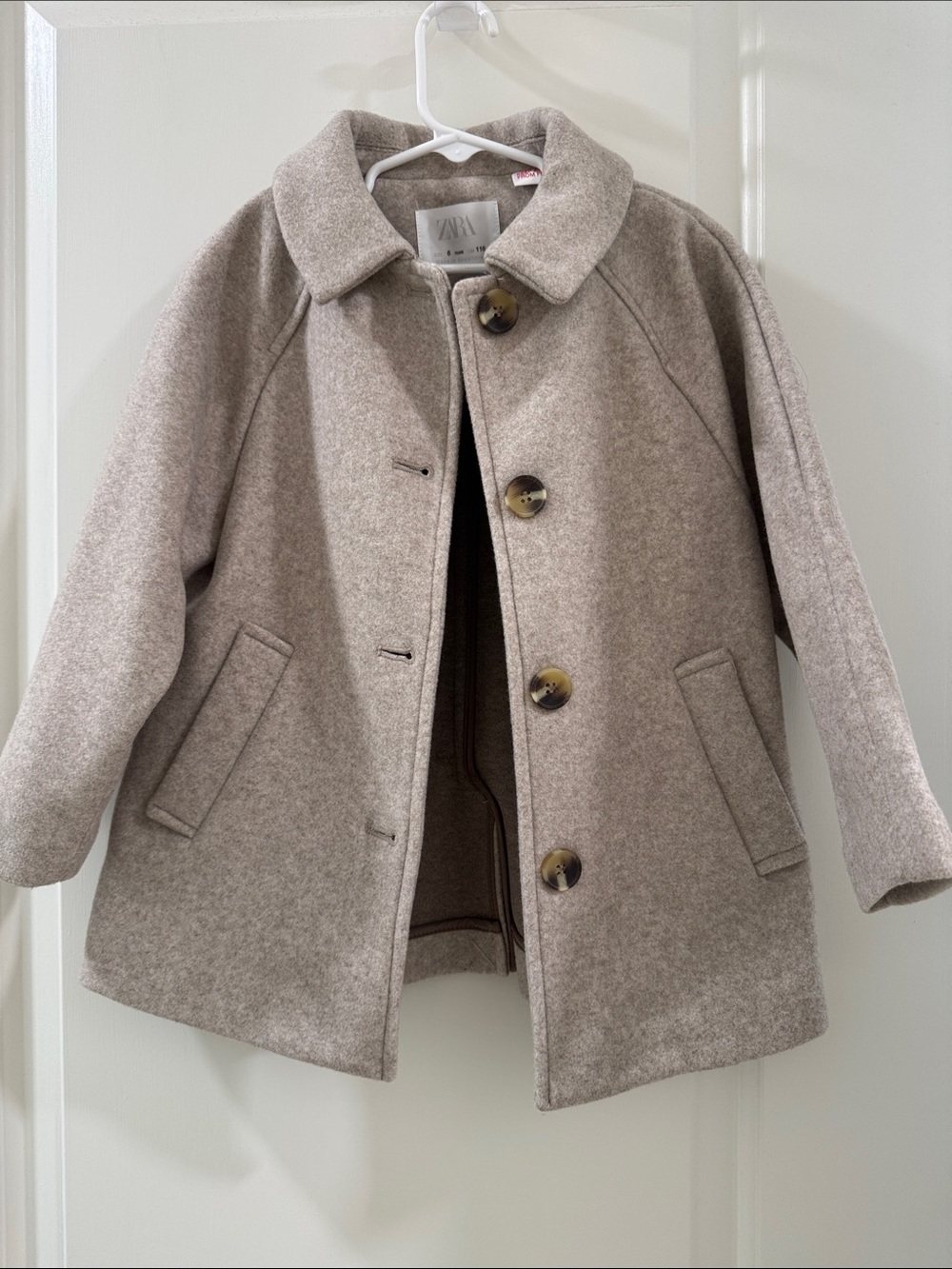 Zara Kids Beige Wool-Blend Button Pea Coat